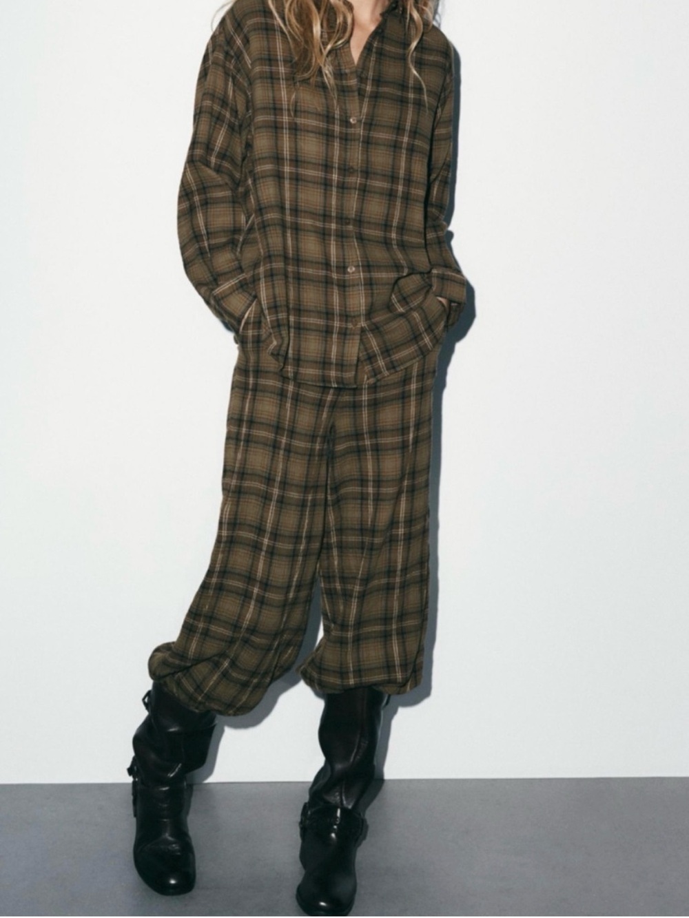 ZARA Plaid Balloon Pants Light Brown Brown Check NWT M